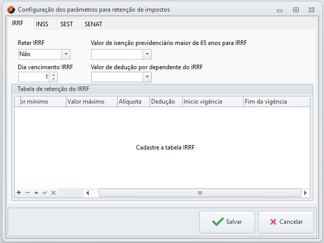 Parâmetros para Retenção de Impostos - IRRF