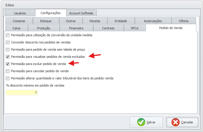 Permissão de usuários para visualizar e excluir pedido de venda