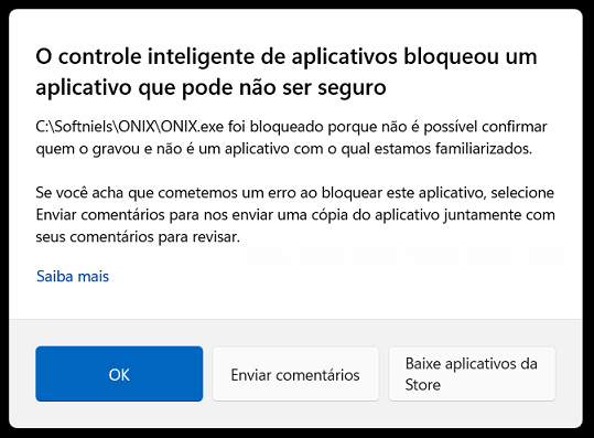 O Controle inteligente de aplicativos bloqueou um aplicativo que pode não ser seguro